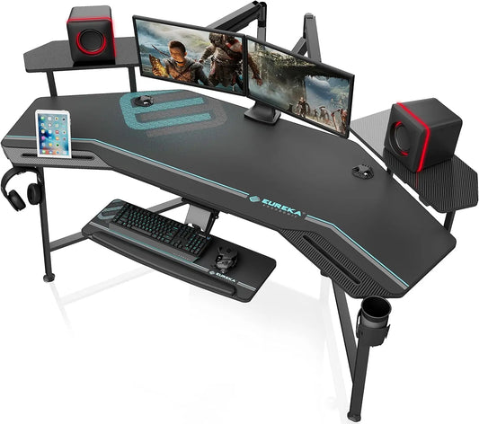 Gaming Desk with Led Lights, 72" Large Wing-Shaped Studio Desk W Keyboard Tray Monitor Stand Dual Headphone Han